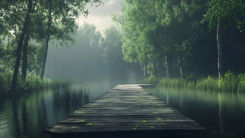 Weathered wooden pier leads into misty forest lake at dawn