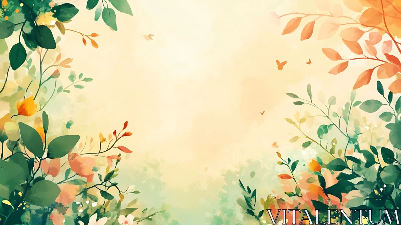 Whispering garden border of sunlit leaves and gentle blooms.