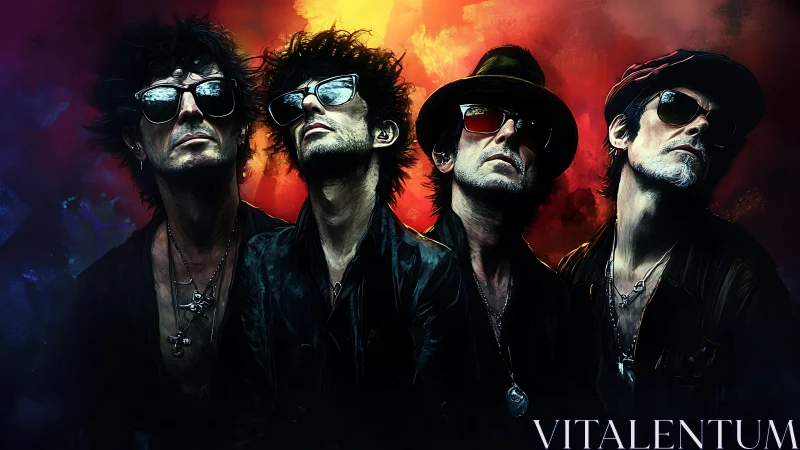 Rock quartet in neon backlight with gritty digital styling.