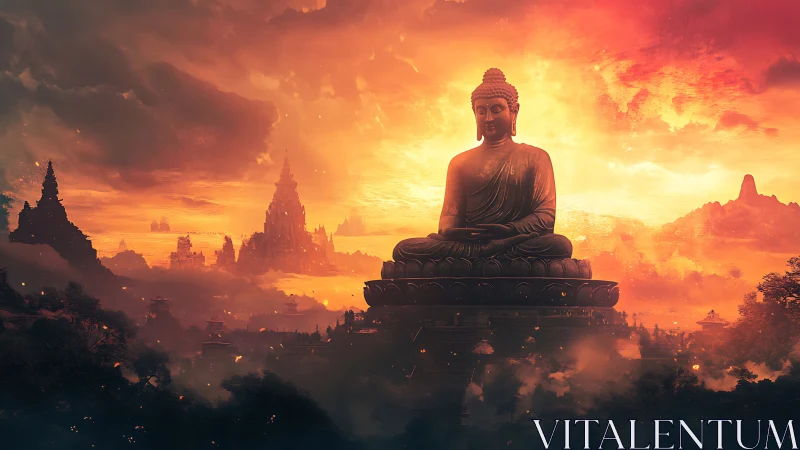 Buddha statue is centered before distant temples at sunset