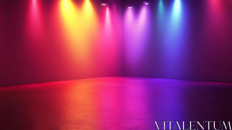 Colored stage lighting illuminates an empty reflective room