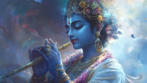 Blue divine flutist in swirling pastel celestial hush.