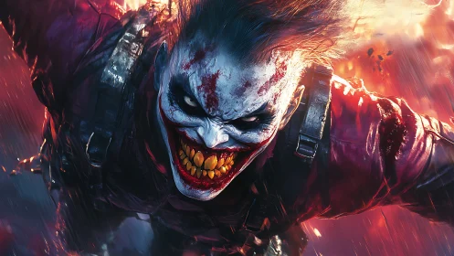 Wild grinning antihero lunges through a storm of blazing color.