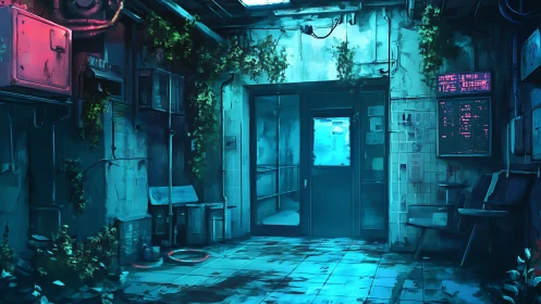 Abandoned neon corridor with overgrown cyberpunk doorway.
