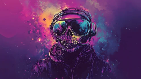 Neon cyberpunk skull gamer rendered in vivid chromatic gradients