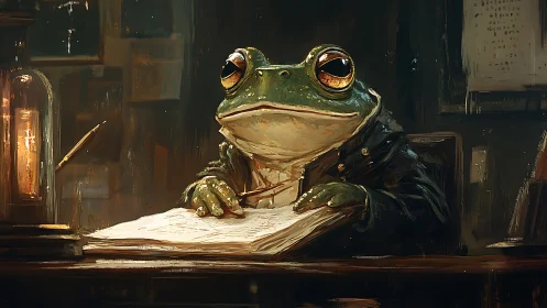 Amphibian scribe in dim study with luminous ocular highlights.
