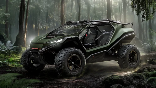 Militarized off-road reconnaissance buggy in dense misty rainforest