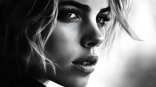 Monochrome woman’s portrait emphasizes eyes and emotion.