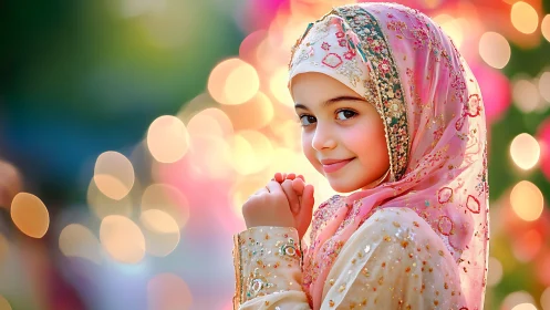 Young Girl Pink Hijab Ornate Celebration Portrait