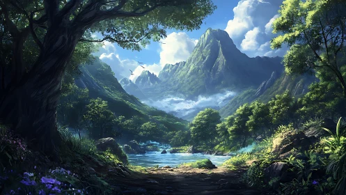 Digital landscape renders misty valley with mountains and river