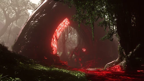 Ancient jungle gateway lit by ominous red energy portal.