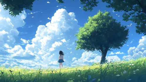Girl standing in sunny meadow under expansive sky.