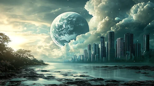Futuristic coastal cityscape beneath enlarged planet disk.