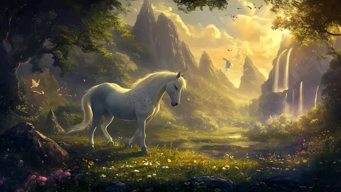 White unicorn wanders through an enchanted golden valley.