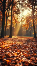 Autumnal Canopy: Golden Hour Backlighting Through Forest Pathway