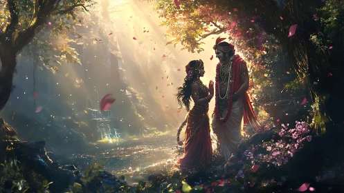 Divine couple beneath luminous forest canopy and waterfall mist