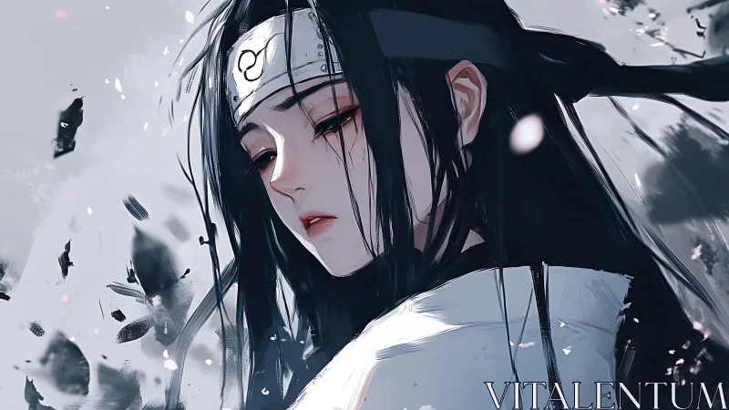 Side profile of bandana wearing figure amid floating debris