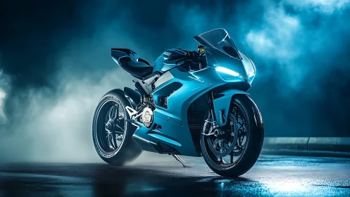 Electric blue superbike in cinematic low-key fog lighting.