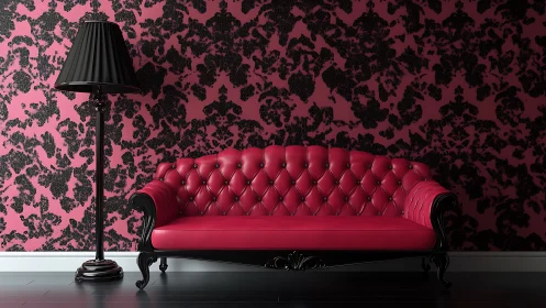 Red tufted sofa and lamp against bold patterned wall.