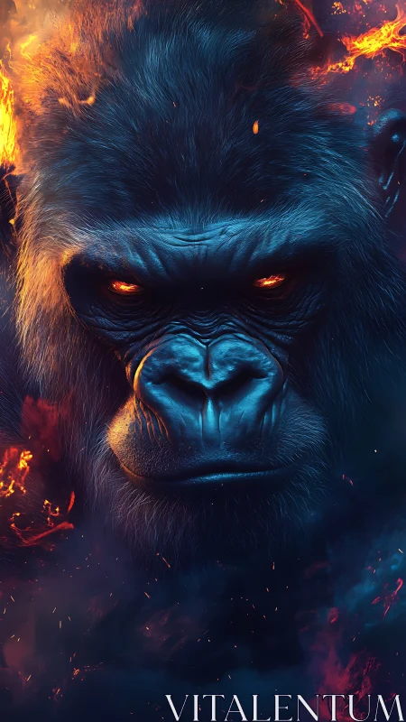 Fiery blue gorilla portrait with molten ember eyes.