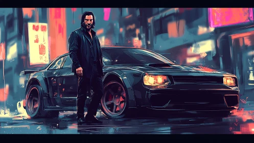 Neon-soaked cyberpunk character portrait with muscle car stance.
