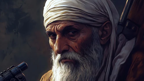Old bearded warrior in headscarf holding rifle portrait.