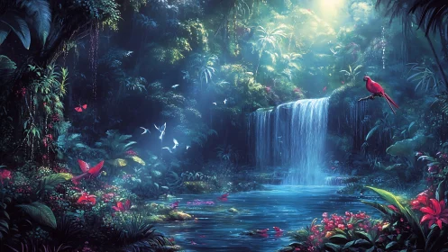 Enchanted jungle waterfall where jewel-toned birds gather.