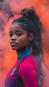 Focused young athlete in red jersey amid orange smoke.