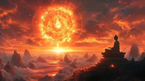 Glowing celestial mandala welcomes a meditating mountain sage