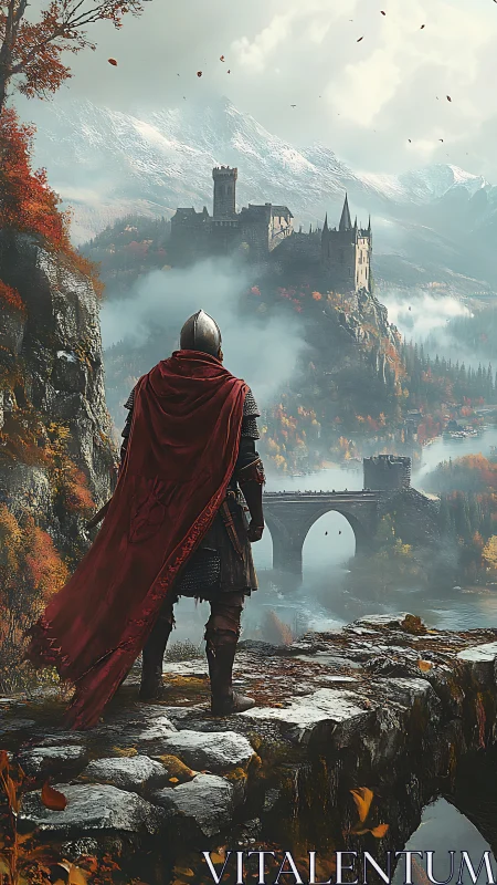 Armored knight overlooks distant mountain fortress calmly.