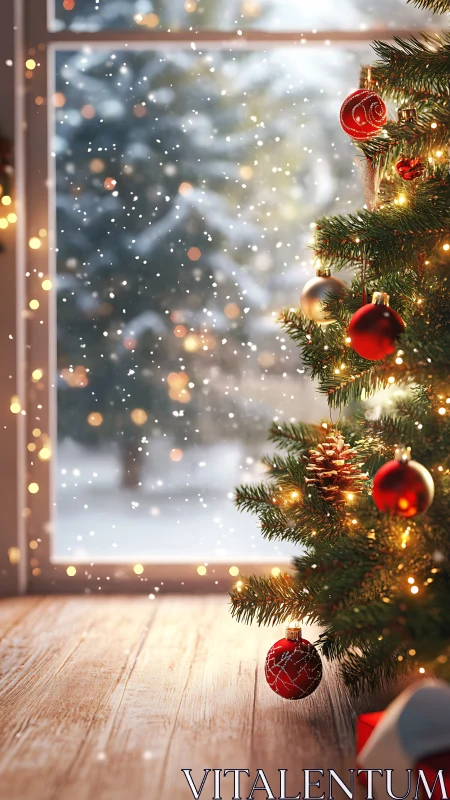 Decorated indoor Christmas tree by snowy winter window.