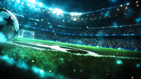 Floodlit football stadium pitch with match ball close-up.