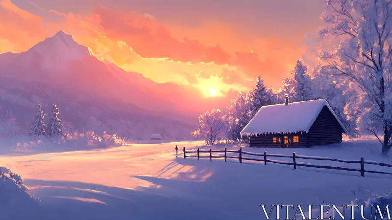 Winter cabin aglow beneath radiant alpine sunset sky.