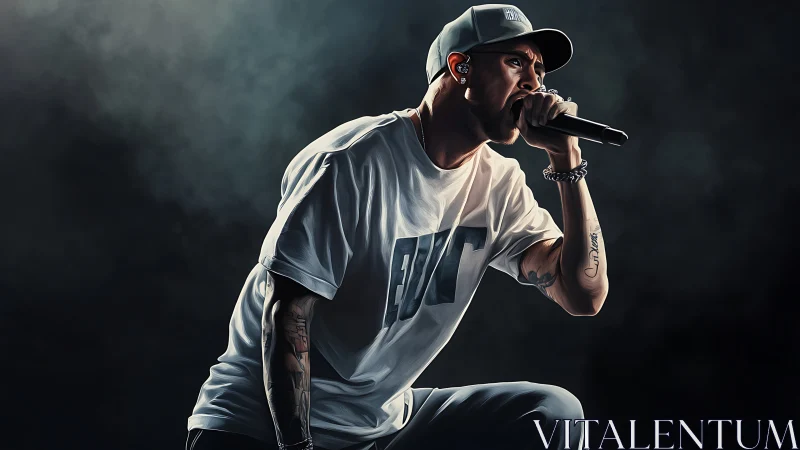 Rap vocalist commands stage under moody concert lighting.