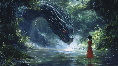 Child in red confronts colossal forest dragon in misted river.