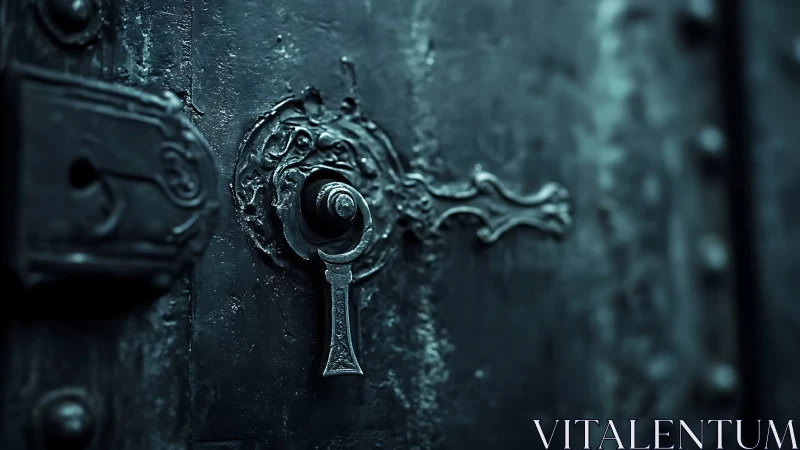 Midnight keyhole whisper on an ancient iron doorplate.