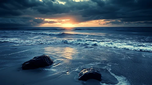 Moody ocean shoreline at sunset with waves and dark clouds.