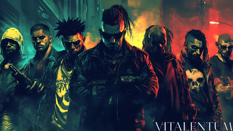 Group of armed figures stands in neon lit urban alleyway