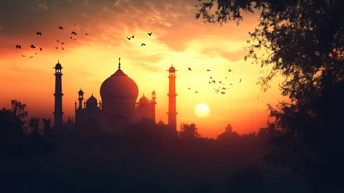 Digital painting of domed mausoleum at luminous sunset skyline.