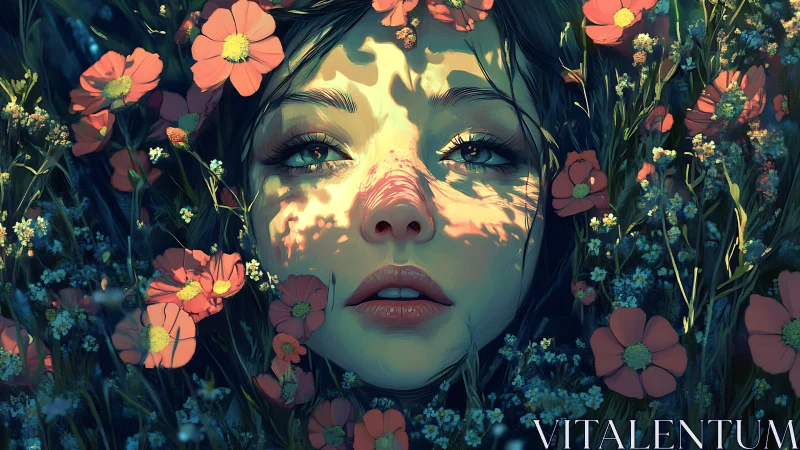 Woman’s face framed by flowers and dappled sunlight.