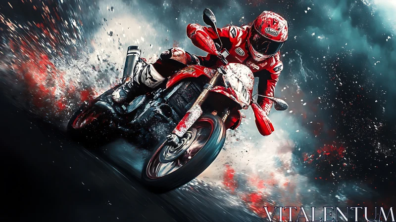 Roaring red superbike rider carves through a storm of speed
