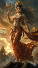 Hindu goddess figure with trident above temple landscape.