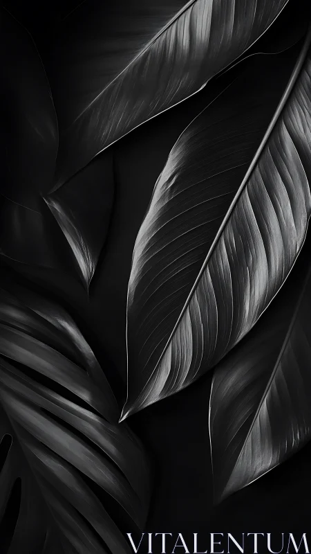 Monochrome tropical leaves with dramatic low-key lighting.