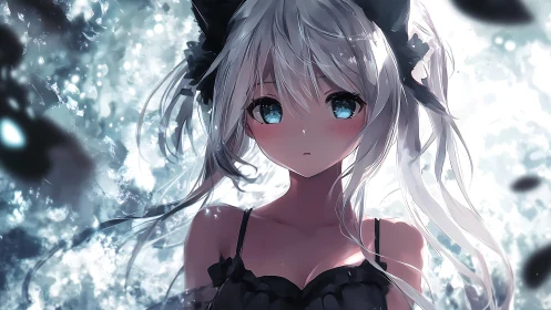 Moonlit cat-eared girl drifts through frosted starlight haze