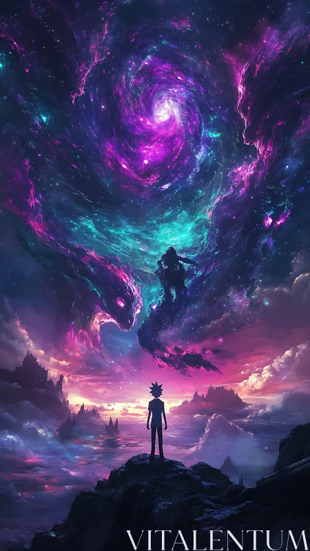 Silhouette observes swirling galactic vortex above alien seascape