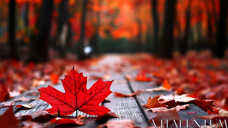Crimson leaf spotlight on a hush-soft autumn woodland path.