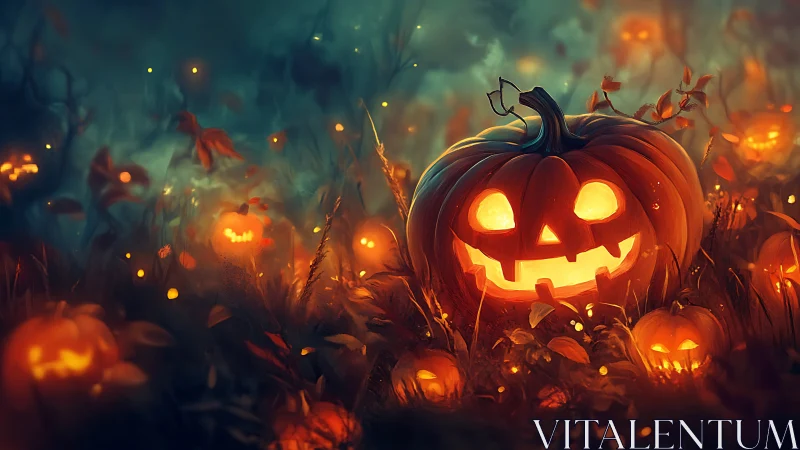 Glowing jack o lanterns in a misty autumn field at night.