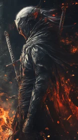 Fiery dark knight wandering through glowing embers of dusk.