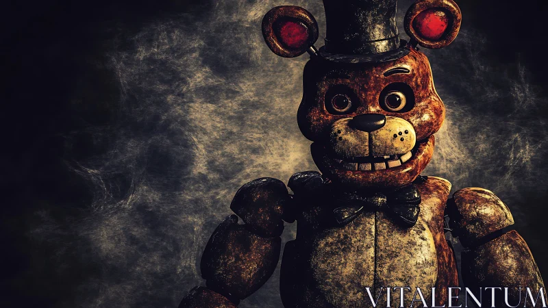 Worn animatronic bear with hat in dark smoky scene.