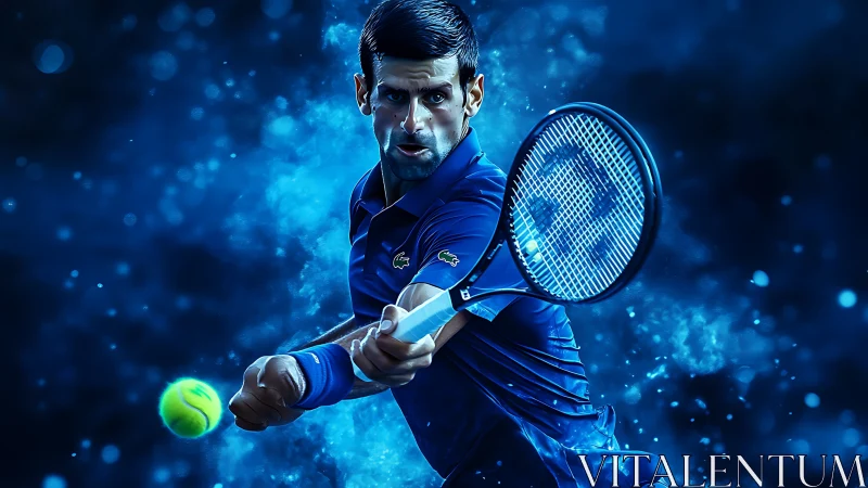 Electric blue backhand storming through cosmic tennis dust.